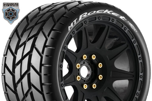 Louise RC - MFT - MT-ROCKET speed - 1-8 Monster Truck Tire Set - Mounted - Soft - Black Wheels - Removable 1-8 MT HEX 17mm - 0" & 1/2" OFFSET - L-T3353SB