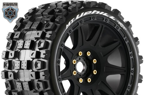 Louise RC - MFT - MT-UPHILL speed - 1-8 Monster Truck Tire Set - Mounted - Soft - Black Wheels - Removable 1-8 MT HEX 17mm - 0" & 1/2" OFFSET - L-T3354SB