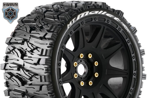 Louise RC - MFT - MT-MALLET speed - 1-8 Monster Truck Tire Set - Mounted - Soft - Black Wheels - Removable 1-8 MT HEX 17mm - 0" & 1/2" OFFSET - L-T3355SB