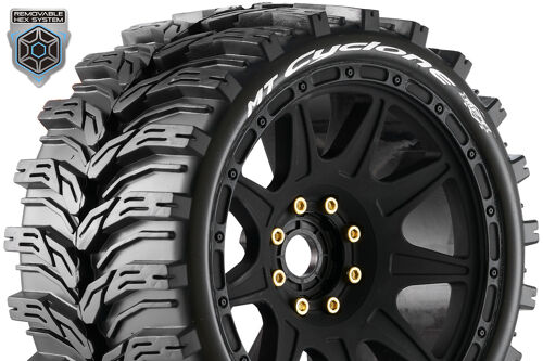 Louise RC - MFT - MT-CYCLONE speed - 1-8 Monster Truck Tire Set - Mounted - Soft - Black Wheels - Removable 1-8 MT HEX 17mm - 0" & 1/2" OFFSET - L-T3356SB