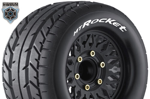 Louise RC - MT-ROCKET - 1-10 Monster Truck Tire Set - Mounted - Sport - Black Wheels - Removable HEX 12 Narrow, 12 Wide, 14, 17mm - L-T3201SX