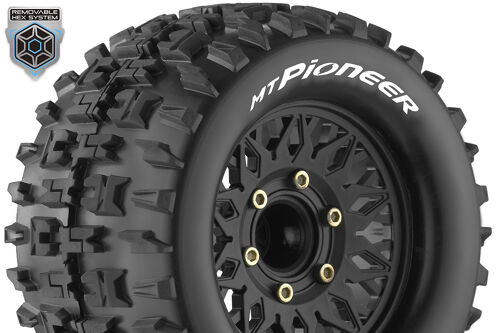 Louise RC - MT-PIONEER - 1-10 Monster Truck Tire Set - Mounted - Sport - Black Wheels - Removable HEX 12 Narrow, 12 Wide, 14, 17mm - L-T3202SX