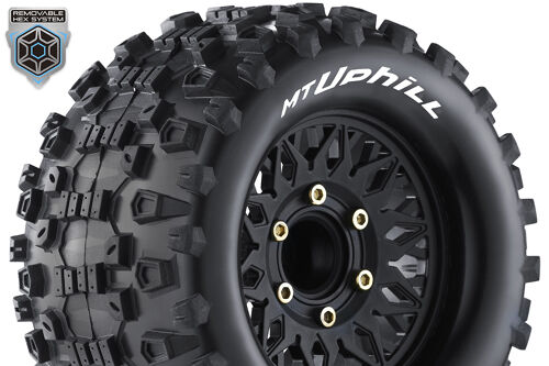 Louise RC - MT-UPHILL - 1-10 Monster Truck Tire Set - Mounted - Sport - Black Wheels - Removable HEX 12 Narrow, 12 Wide, 14, 17mm - L-T3204SX