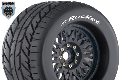 Louise RC - MT-ROCKET - 1-8 Monster Truck Tire Set - Mounted - Sport - Black Wheels - Removable 0" & 1/2" OFFSET HEX 17mm - L-T3217X
