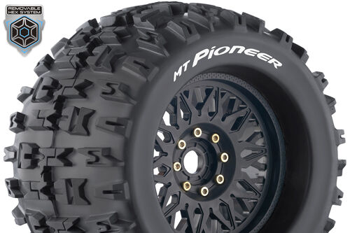 Louise RC - MT-PIONEER - 1-8 Monster Truck Tire Set - Mounted - Sport - Black Wheels - Removable 0" & 1/2" OFFSET HEX 17mm - L-T3218X