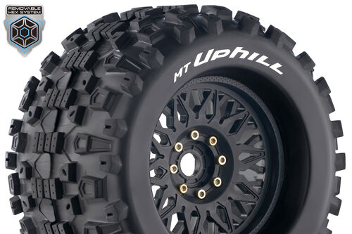 Louise RC - MT-UPHILL - 1-8 Monster Truck Tire Set - Mounted - Sport - Black Wheels - Removable 0" & 1/2" OFFSET HEX 17mm - L-T3219X