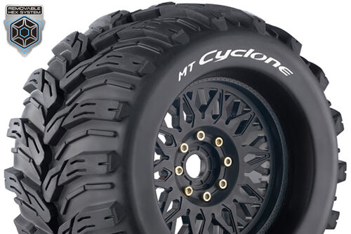 Louise RC - MT-CYCLONE - 1-8 Monster Truck Tire Set - Mounted - Sport - Black Wheels - Removable 0" & 1/2" OFFSET HEX 17mm - L-T3220X