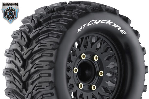 Louise RC - MT-CYCLONE - 1-10 Monster Truck Tire Set - Mounted - Sport - Black Wheels - Removable HEX 12 Narrow, 12 Wide, 14, 17mm - L-T3226SX