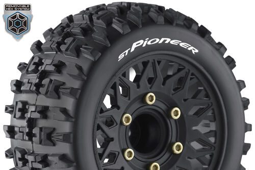 Louise RC - ST-PIONEER - 1-10 Stadium Truck Tire Set - Mounted - Sport - Black Wheels - Removable HEX 12 Narrow, 12 Wide, 14, 17mm - L-T3227SX
