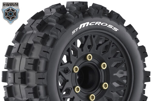 Louise RC - ST-MCROSS - 1-10 Stadium Truck Tire Set - Mounted - Sport - Black Wheels - Removable HEX 12 Narrow, 12 Wide, 14, 17mm - L-T3272X