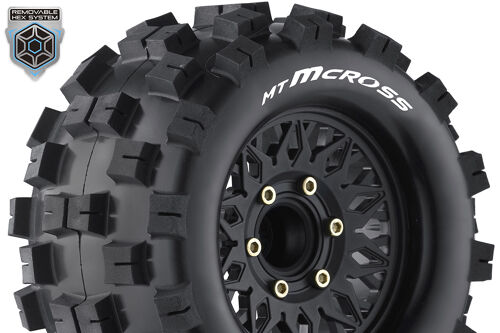 Louise RC - MT-MCROSS - 1-10 Monster Truck Tire Set - Mounted - Sport - Black Wheels - Removable HEX 12 Narrow, 12 Wide, 14, 17mm - L-T3274SX