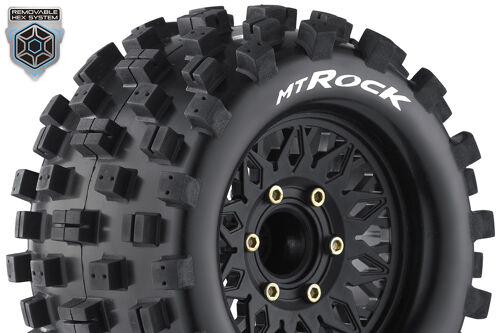 Louise RC - MT-ROCK - 1-10 Monster Truck Tire Set - Mounted - Sport - Black Wheels - Removable HEX 12 Narrow, 12 Wide, 14, 17mm - L-T3275SX
