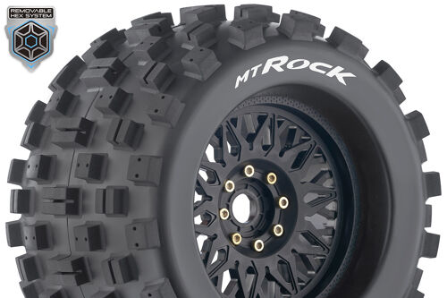 Louise RC - MT-ROCK - 1-8 Monster Truck Tire Set - Mounted - Sport - Black Wheels - Removable 0" & 1/2" OFFSET HEX 17mm - L-T3277X