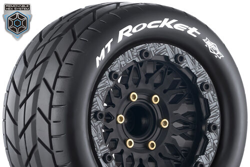 Louise RC - MFT - MT-ROCKET - 1-10 Monster Truck Tire Set - Mounted - Sport - Black Wheels - Removable HEX 12 Narrow, 12 Wide, 14, 17mm - L-T3307SX