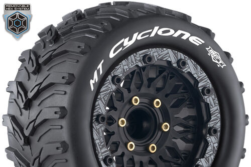Louise RC - MFT - MT-CYCLONE - 1-10 Monster Truck Tire Set - Mounted - Sport - Black Wheels - Removable HEX 12 Narrow, 12 Wide, 14, 17mm - L-T3310SX