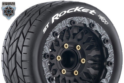 Louise RC - MFT - ST-ROCKET - 1-10 Stadium Truck Tire Set - Mounted - Sport - Black Wheels - Removable HEX 12 Narrow, 12 Wide, 14, 17mm - L-T3311SX