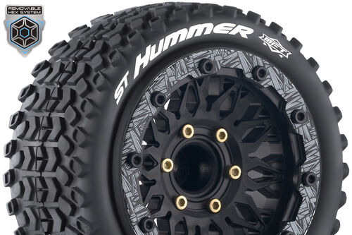 Louise RC - MFT - ST-HUMMER - 1-10 Stadium Truck Tire Set - Mounted - Sport - Black Wheels - Removable HEX 12 Narrow, 12 Wide, 14, 17mm - L-T3314SX