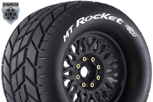 Louise RC - MFT - MT-ROCKET - 1-8 Monster Truck Tire Set - Mounted - Sport - Black Wheels - Removable 0" & 1/2" OFFSET HEX 17mm - L-T3320X