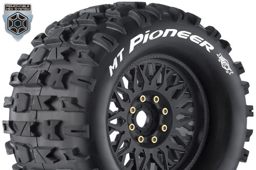 Louise RC - MFT - MT-PIONEER - 1-8 Monster Truck Tire Set - Mounted - Sport - Black Wheels - Removable 0" & 1/2" OFFSET HEX 17mm - L-T3321X