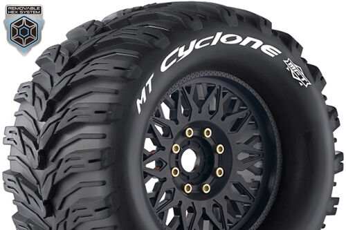 Louise RC - MFT - MT-CYCLONE - 1-8 Monster Truck Tire Set - Mounted - Sport - Black Wheels - Removable 0" & 1/2" OFFSET HEX 17mm - L-T3323X