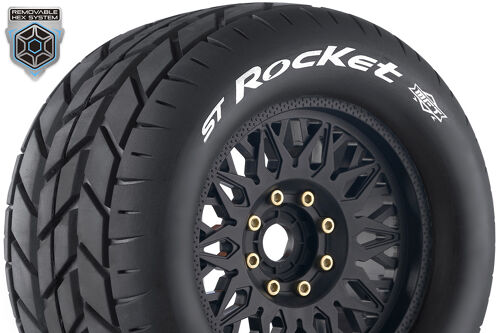 Louise RC - MFT - ST-ROCKET - 1-8 Stadium Truck Tire Set - Mounted - Sport - Black Wheels - Removable 0" & 1/2" OFFSET HEX 17mm - L-T3224X