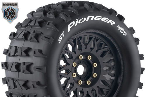 Louise RC - MFT - ST-PIONEER - 1-8 Stadium Truck Tire Set - Mounted - Sport - Black Wheels - Removable 0" & 1/2" OFFSET HEX 17mm - L-T3225X