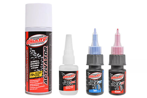 Team Corally - Glue Set - Tire Glue 20g - Activator 200ml - Lock-it Soft - Lock-it Medium
