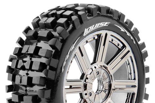 Louise RC - B-ULLDOZE - 1-8 Buggy Tire Set - Mounted - Soft - Black-Chrome Spoke Wheels - Hex 17mm - L-T324SBC