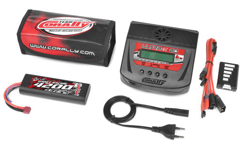 Team Corally - Energy Pack - Lipo 50C - 4200Mah - 2S - T-Plug - Hard Case + Ultra-X 80 - 1-6S AC/DC Charger + Lipo Safety Bag + Charge-Balance Lead