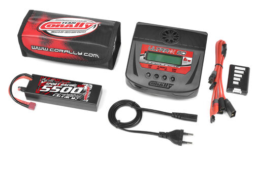Team Corally - Energy Pack - Lipo 60C - 5500Mah - 2S - T-Plug - Hard Case + Ultra-X 80 - 1-6S AC/DC Charger + Lipo Safety Bag + Charge-Balance Lead