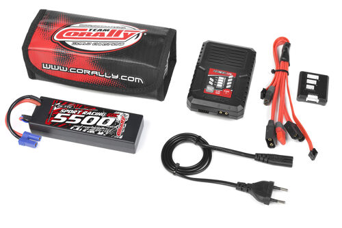 Team Corally - Energy Pack - Lipo 60C - 5500Mah - 2S - EC-5 - Hard Case + Racer 50 - 2-4S AC Charger + Lipo Safety Bag + Charge-Balance Lead