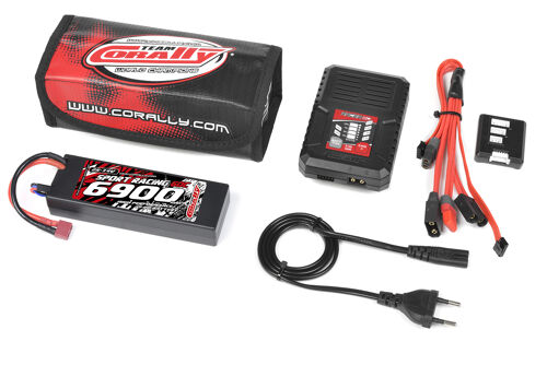 Team Corally - Energy Pack - Lipo 60C - 6900Mah - 2S - T-Plug - Hard Case + Racer 50 - 2-4S AC Charger + Lipo Safety Bag + Charge-Balance Lead