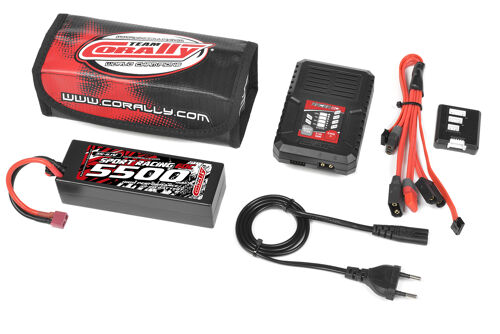 Team Corally - Energy Pack - Lipo 60C - 5500Mah - 3S - T-PLUG - Hard Case + Racer 50 - 2-4S AC Charger + Lipo Safety Bag + Charge-Balance Lead