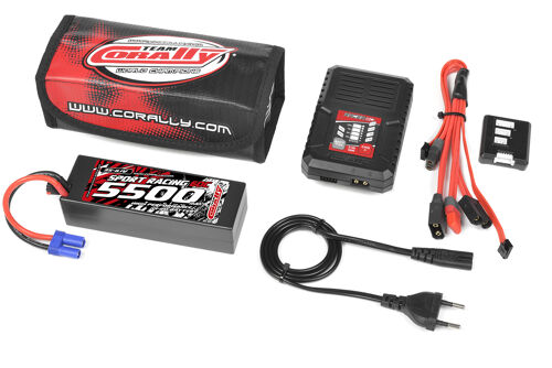 Team Corally - Energy Pack - Lipo 60C - 5500Mah - 3S - EC-5 - Hard Case + Racer 50 - 2-4S AC Charger + Lipo Safety Bag + Charge-Balance Lead