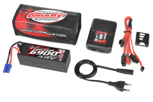 Team Corally - Energy Pack - Lipo 50C - 6700Mah - 4S - EC-5 - Hard Case + Racer 50 - 2-4S AC Charger + Lipo Safety Bag + Charge-Balance Lead