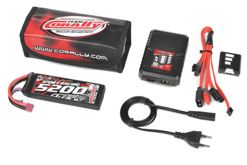 Team Corally - Energy Pack - Lipo 60C - 5200MAH - 2S - T-Plug - Semi-Soft Case + Racer 50 - 2-4S AC Charger + Lipo Safety Bag + Charge-Balance Lead