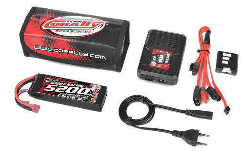 Team Corally - Energy Pack - Lipo 60C - 5200MAH - 3S - T-Plug - Semi-Soft Case + Racer 50 - 2-4S AC Charger + Lipo Safety Bag + Charge-Balance Lead