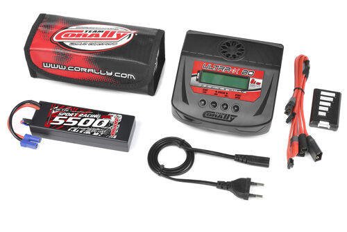 Team Corally - Energy Pack - Lipo 60C - 5500Mah - 2S - EC-5 - Hard Case + Ultra-X 80 - 1-6S AC/DC Charger + Lipo Safety Bag + Charge-Balance Lead