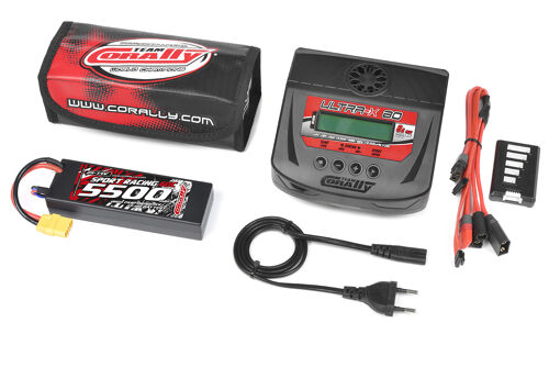 Team Corally - Energy Pack - Lipo 60C - 5500Mah - 2S - XT-90 - Hard Case + Ultra-X 80 - 1-6S AC/DC Charger + Lipo Safety Bag + Charge-Balance Lead