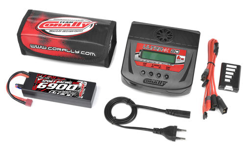 Team Corally - Energy Pack - Lipo 60C - 6900Mah - 2S - T-Plug - Hard Case + Ultra-X 80 - 1-6S AC/DC Charger + Lipo Safety Bag + Charge-Balance Lead