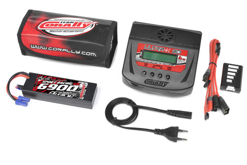 Team Corally - Energy Pack - Lipo 60C - 6900Mah - 2S - EC-5 - Hard Case + Ultra-X 80 - 1-6S AC/DC Charger + Lipo Safety Bag + Charge-Balance Lead