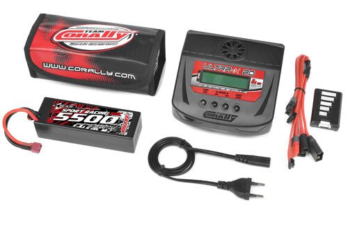 Team Corally - Energy Pack - Lipo 60C - 5500Mah - 3S - T-PLUG - Hard Case + Ultra-X 80 - 1-6S AC/DC Charger + Lipo Safety Bag + Charge-Balance Lead