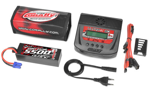 Team Corally - Energy Pack - Lipo 60C - 5500Mah - 3S - EC-5 - Hard Case + Ultra-X 80 - 1-6S AC/DC Charger + Lipo Safety Bag + Charge-Balance Lead