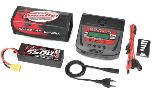 Team Corally - Energy Pack - Lipo 60C - 5500Mah - 3S - XT-90 - Hard Case + Ultra-X 80 - 1-6S AC/DC Charger + Lipo Safety Bag + Charge-Balance Lead