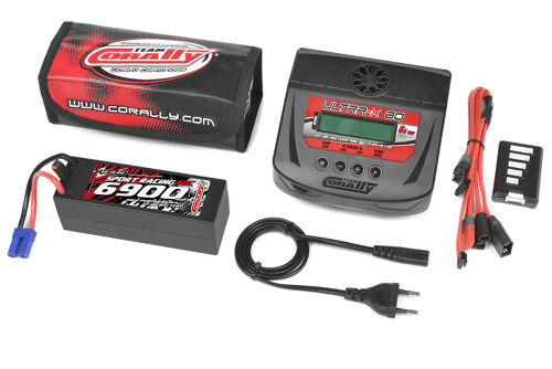 Team Corally - Energy Pack - Lipo 50C - 6700Mah - 4S - EC-5 - Hard Case + Ultra-X 80 - 1-6S AC/DC Charger + Lipo Safety Bag + Charge-Balance Lead