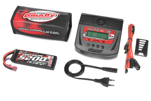 Team Corally - Energy Pack - Lipo 60C - 5200MAH - 2S - T-Plug - Semi-Soft Case + Ultra-X 80 - 1-6S AC/DC Charger + Lipo Safety Bag + Charge-Balance Lead