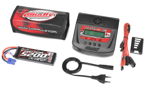Team Corally - Energy Pack - Lipo 60C - 5200MAH - 2S - EC-5 - Semi-Soft Case + Ultra-X 80 - 1-6S AC/DC Charger + Lipo Safety Bag + Charge-Balance Lead