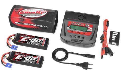 Team Corally - Energy Pack - 2X Lipo 60C - 5200MAH - 3S - EC-5 - Semi-Soft Case + Ultra-X 80 - 1-6S AC/DC Charger + Lipo Safety Bag + Charge-Balance Lead