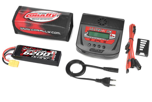 Team Corally - Energy Pack - Lipo 60C - 6200Mah - 3S - XT-90 - Semi-Soft Case + Ultra-X 80 - 1-6S AC/DC Charger + Lipo Safety Bag + Charge-Balance Lead