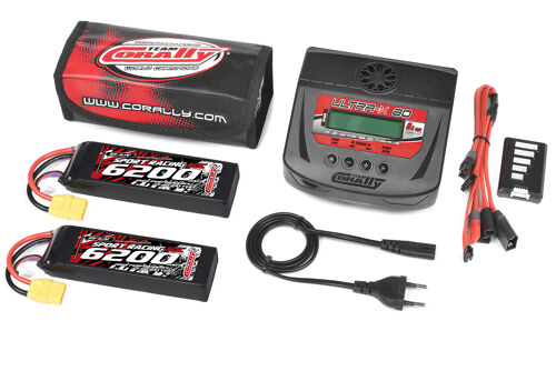 Team Corally - Energy Pack - 2X Lipo 60C - 6200Mah - 3S - XT-90 - Semi-Soft Case + Ultra-X 80 - 1-6S AC/DC Charger + Lipo Safety Bag + Charge-Balance Lead